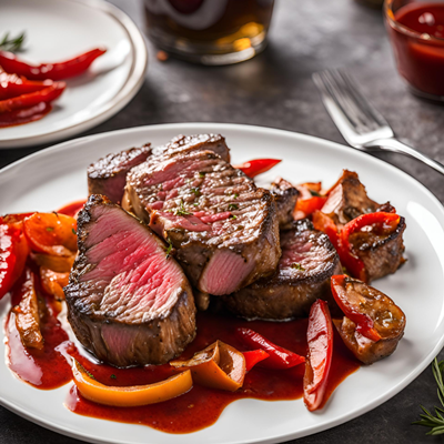 Filet Mignon Sliced Medium Rare with Roasted Red Peppers and Marsala Sauce